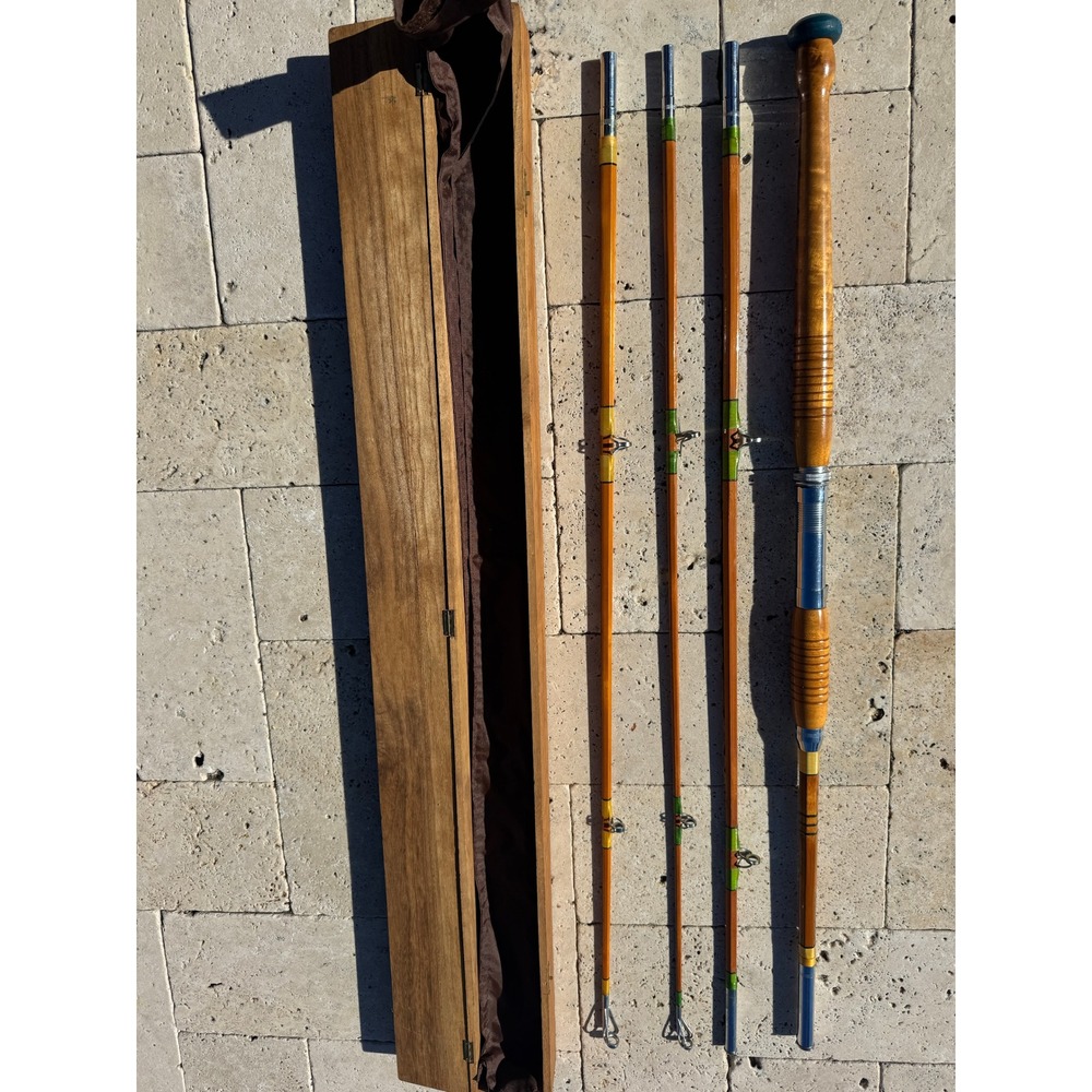 Vintage Bisu Bamboo Fly Fishing Rod 4 Piece Set with Wooden Case Hexagonal Split